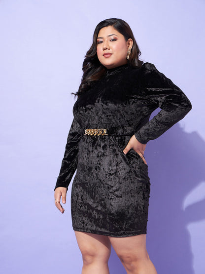 Black Velvet High Neck Bodycon Dress