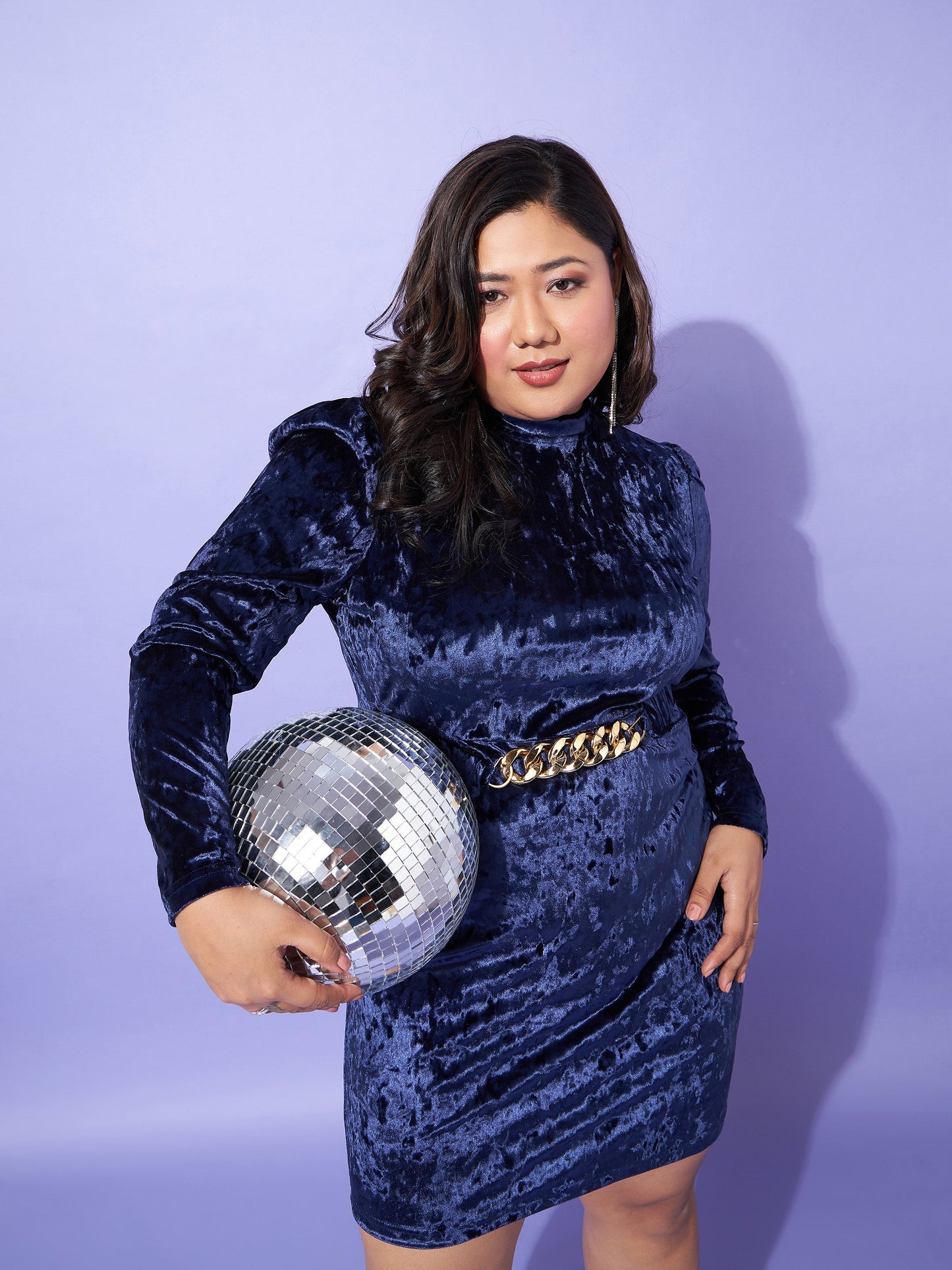 Navy Velvet High Neck Bodycon Dress
