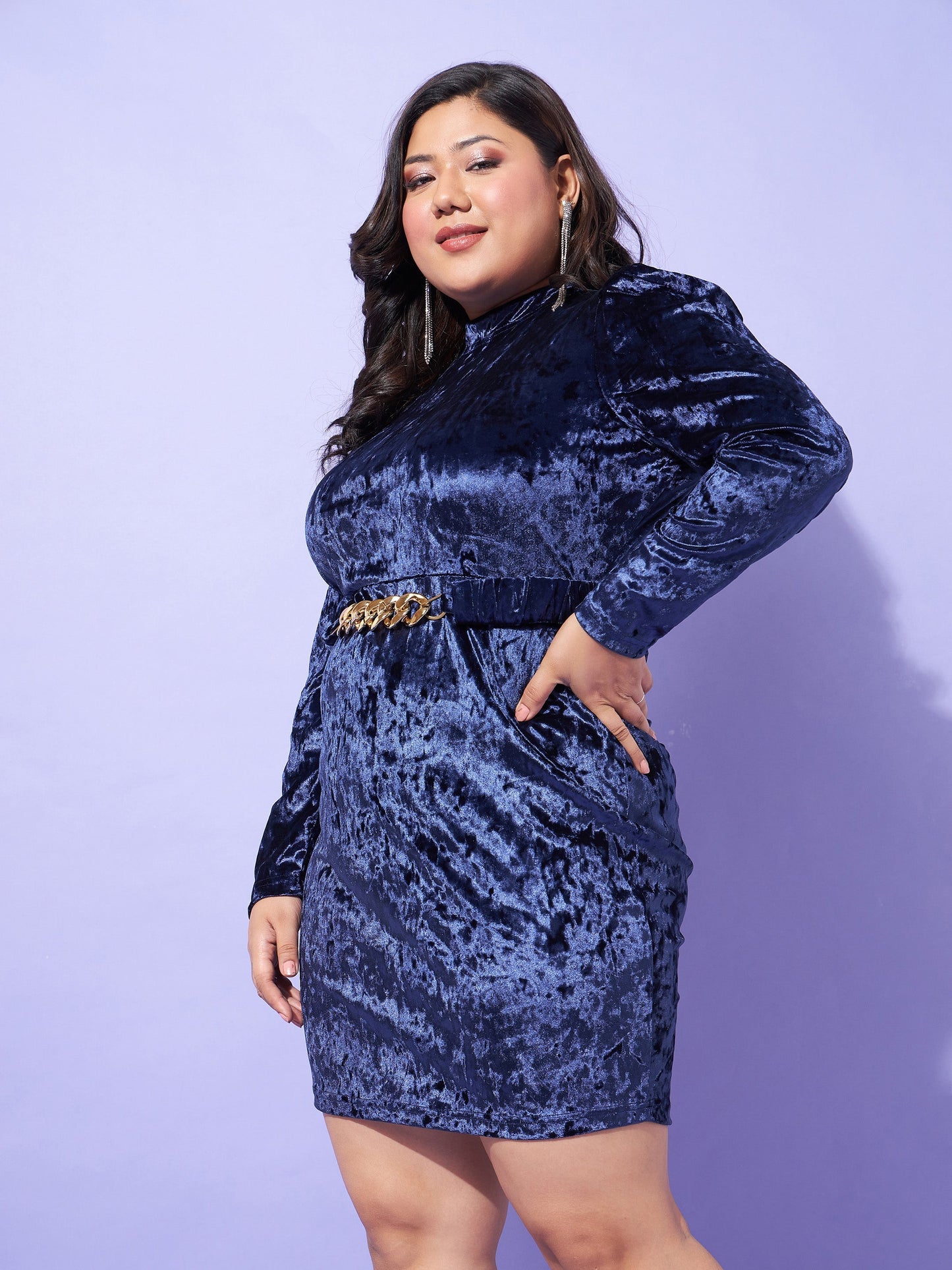 Navy Velvet High Neck Bodycon Dress