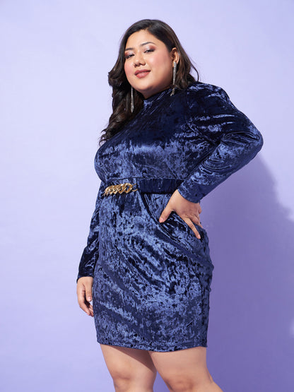 Navy Velvet High Neck Bodycon Dress