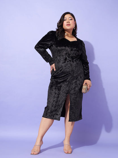 Black Velvet Front Button Bodycon Dress