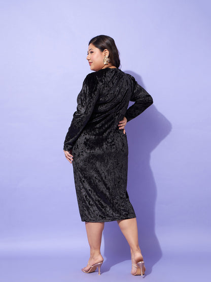 Black Velvet Front Button Bodycon Dress