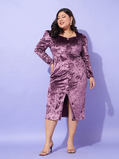 Purple Velvet Front Button Bodycon Dress