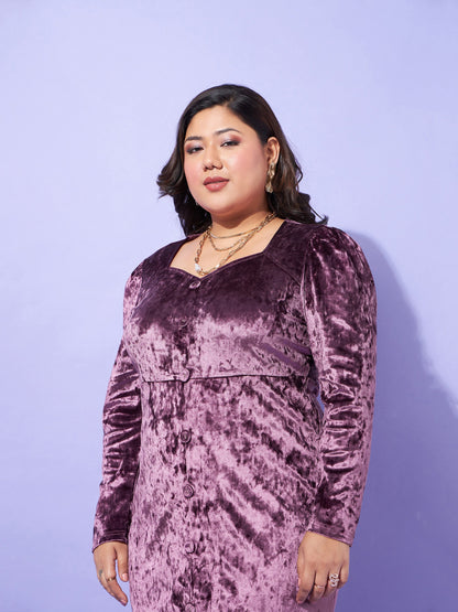 Purple Velvet Front Button Bodycon Dress