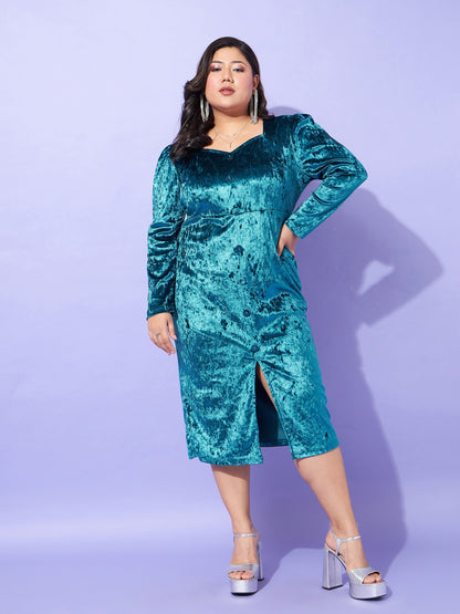 Teal Velvet Front Button Bodycon Dress