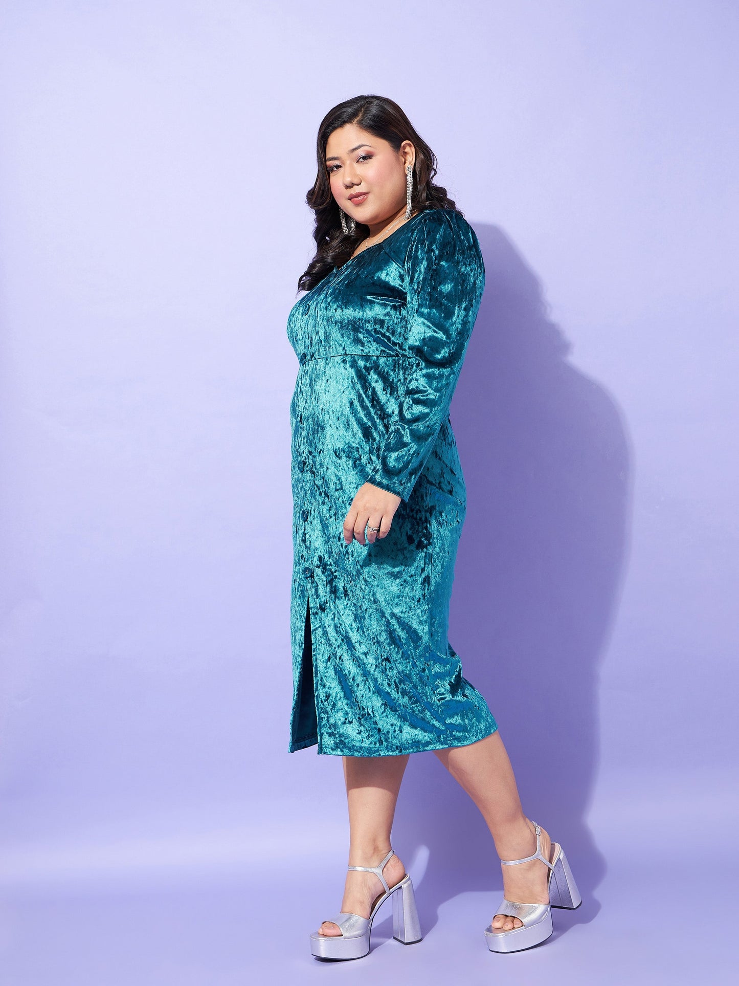 Teal Velvet Front Button Bodycon Dress