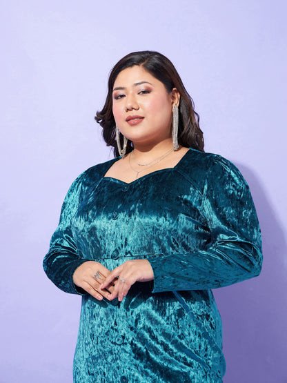 Teal Velvet Front Button Bodycon Dress