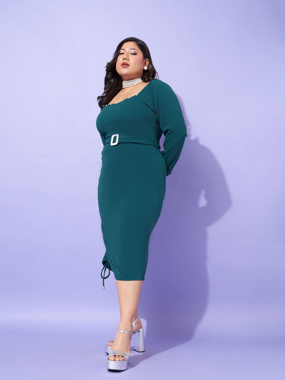 Emerald Solid Square Neck Bodycon Dress-SASSAFRAS Curve