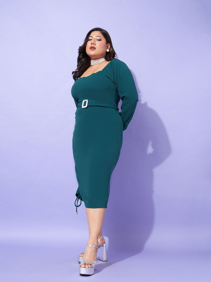 Emerald Solid Square Neck Bodycon Dress-SASSAFRAS Curve