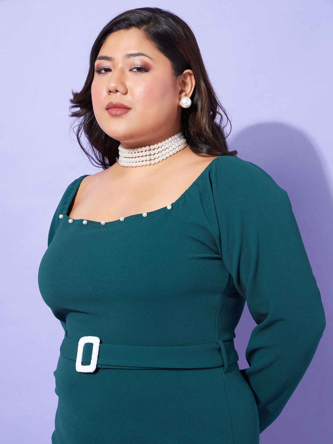 Emerald Solid Square Neck Bodycon Dress-SASSAFRAS Curve