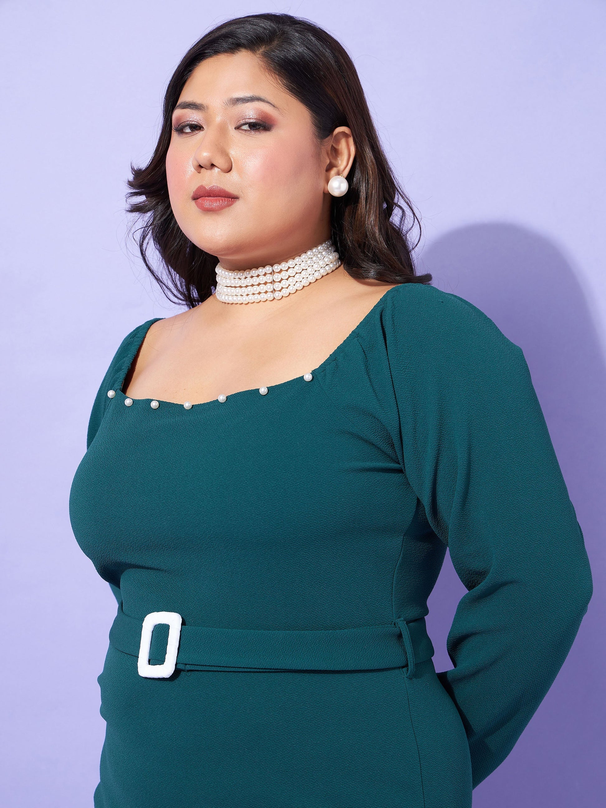 Emerald Solid Square Neck Bodycon Dress-SASSAFRAS Curve