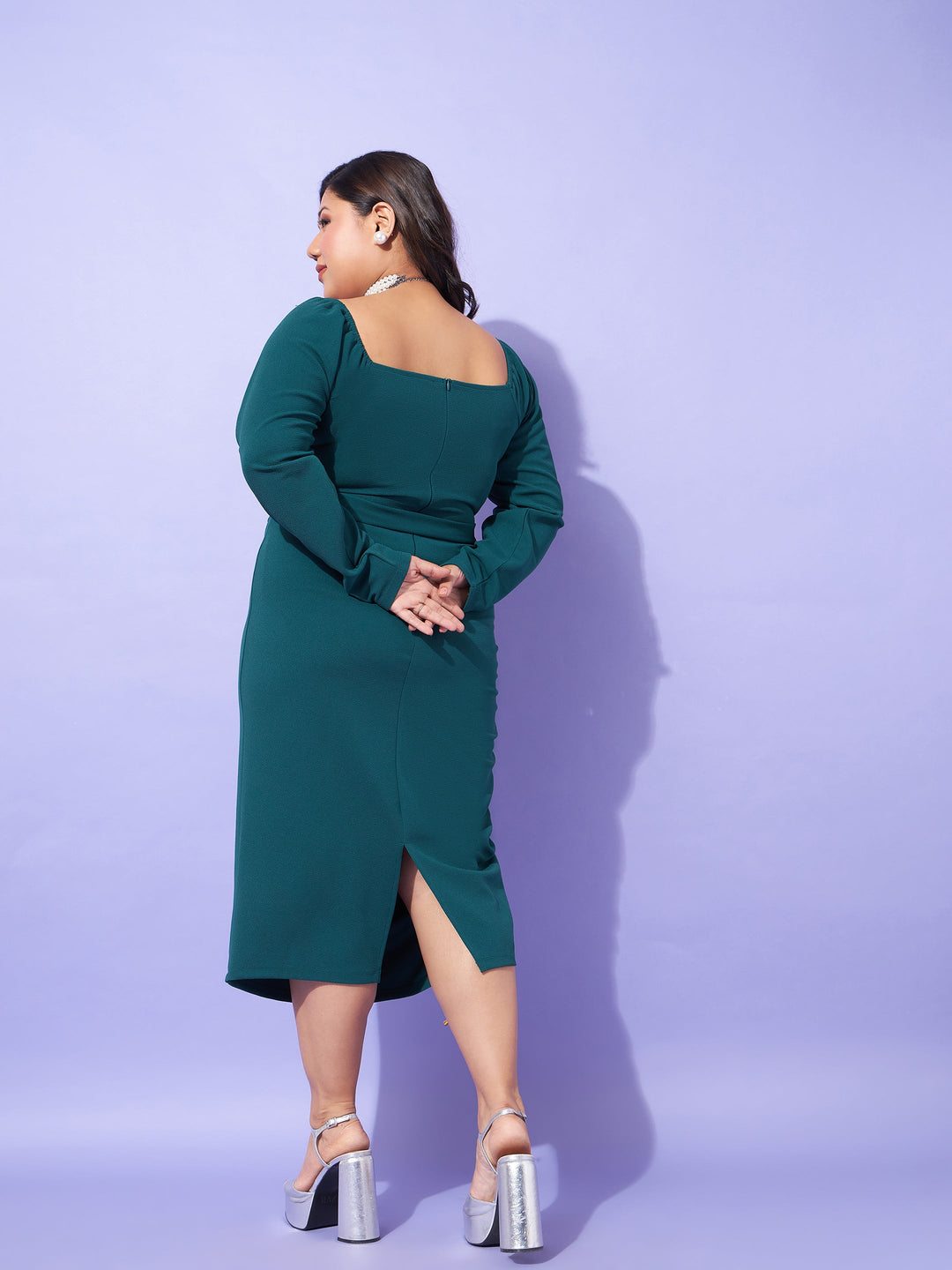 Emerald Solid Square Neck Bodycon Dress-SASSAFRAS Curve