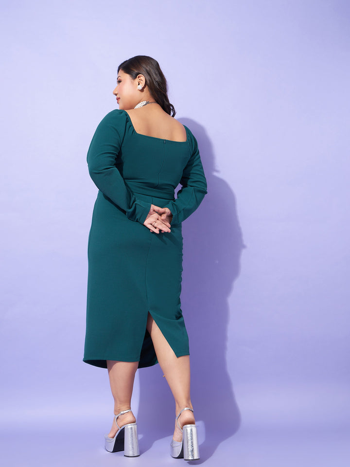 Emerald Solid Square Neck Bodycon Dress-SASSAFRAS Curve
