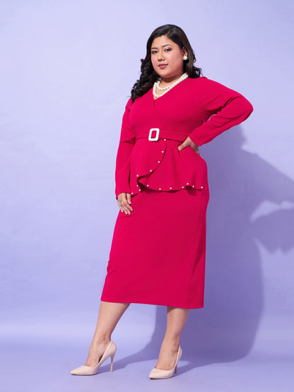 Fuchsia Peplum Bodycon Dress-SASSAFRAS Curve