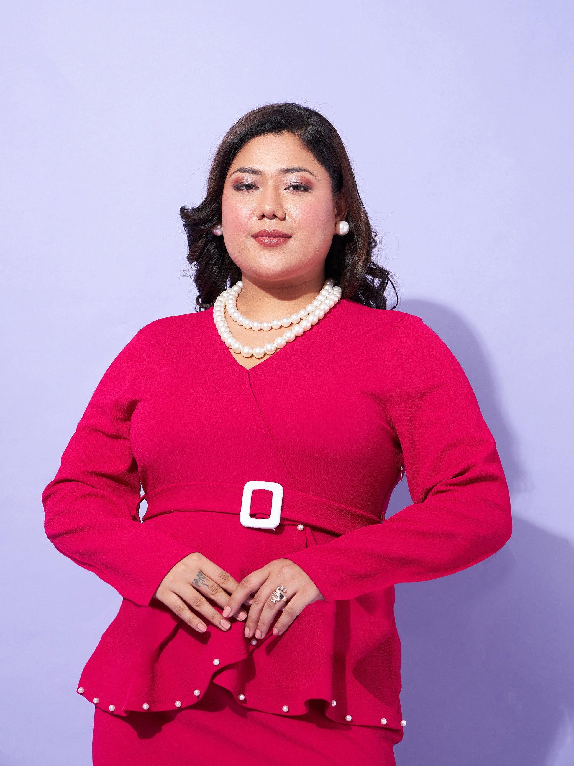 Fuchsia Peplum Bodycon Dress-SASSAFRAS Curve