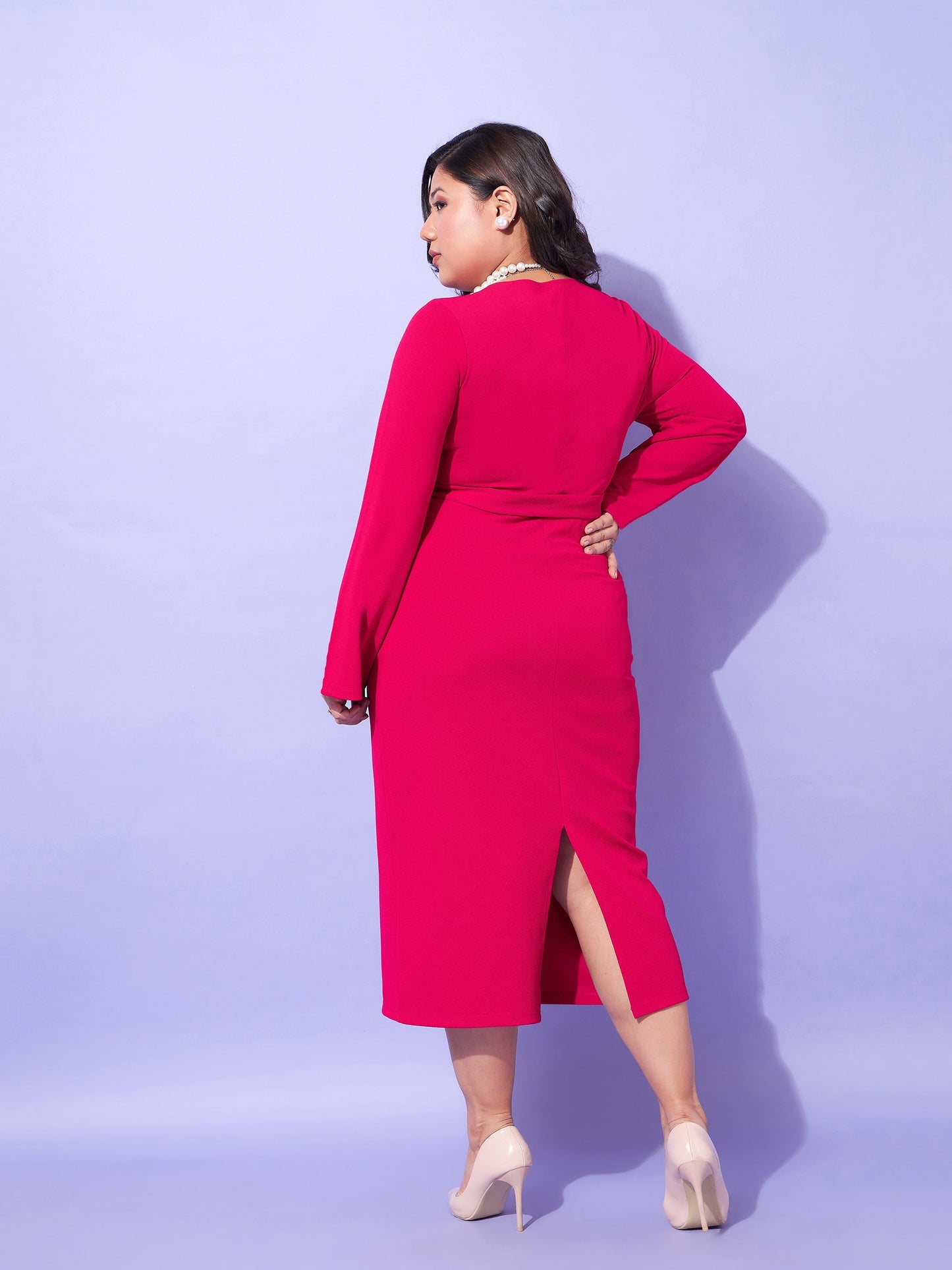 Fuchsia Peplum Bodycon Dress-SASSAFRAS Curve