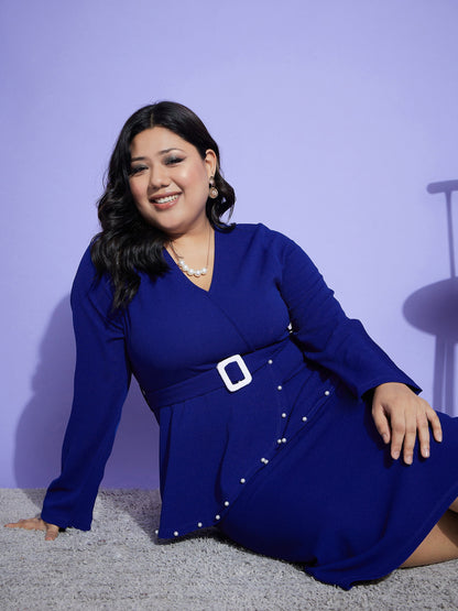 Royal Blue Peplum Bodycon Dress-SASSAFRAS Curve