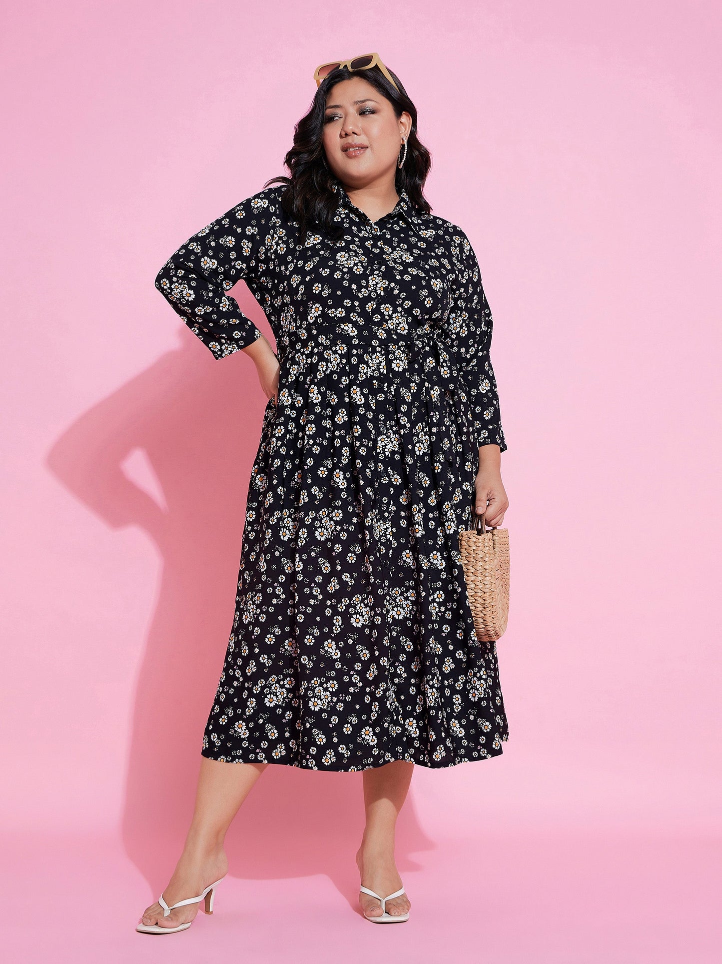 Plus size women's Black Polyester Black Floral Belted Midi Shirt Dress by Sassafras Curve for wholesale buyers, boutiques, resellers and bulk orders