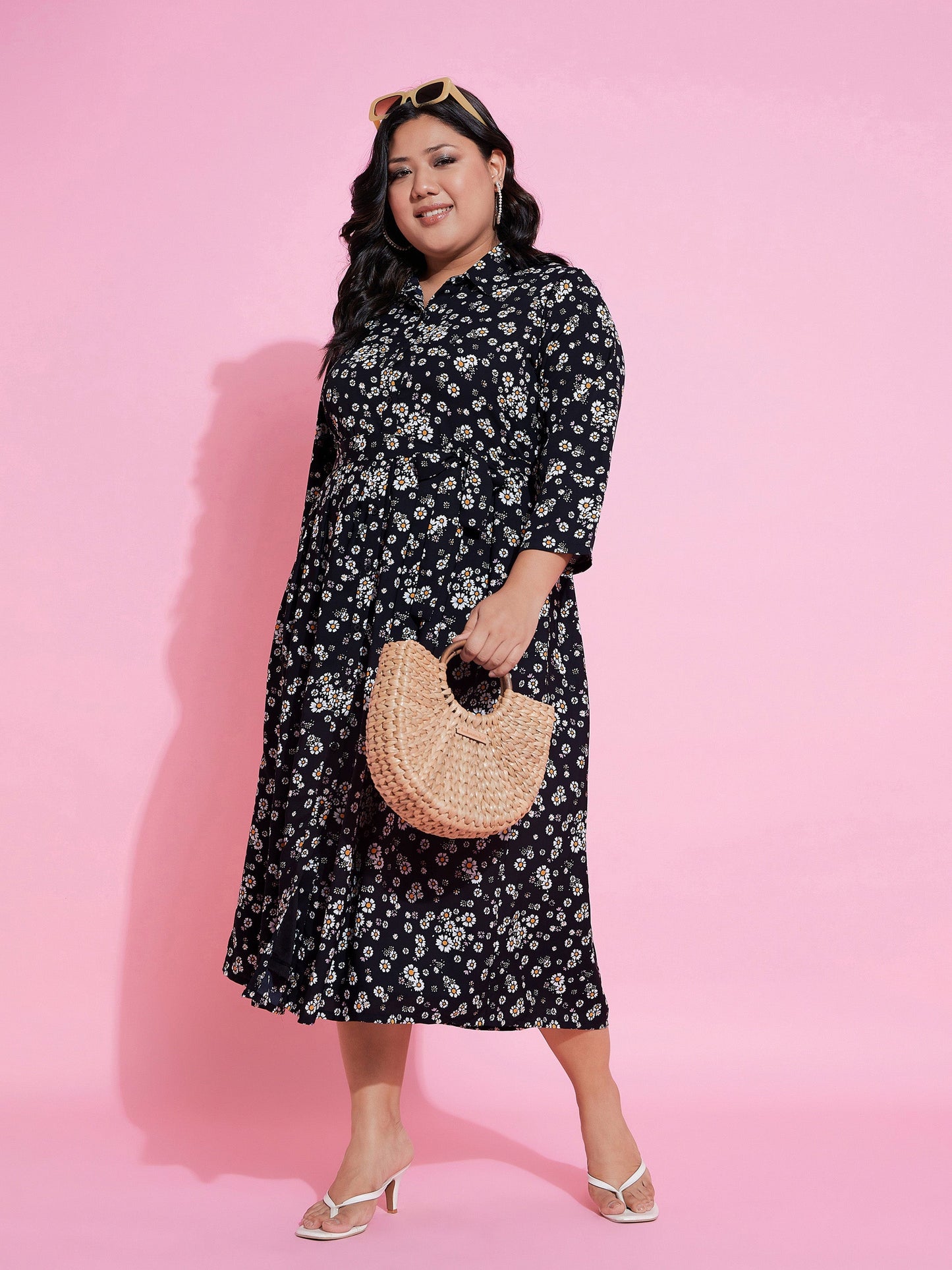 Black Floral Belted Midi Shirt Dress-SASSAFRAS Curve