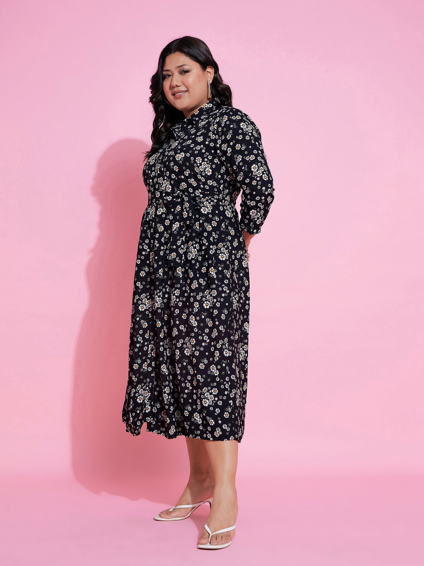 Black Floral Belted Midi Shirt Dress-SASSAFRAS Curve
