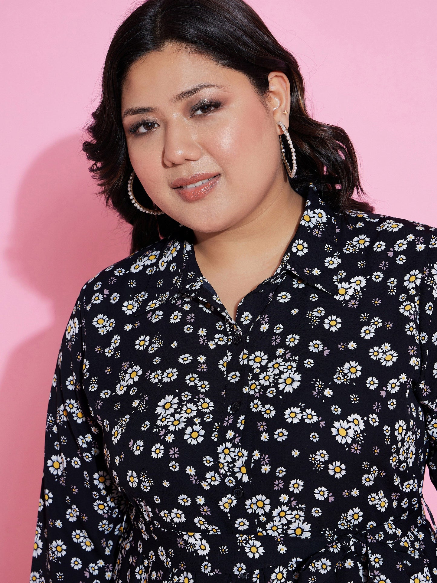 Black Floral Belted Midi Shirt Dress-SASSAFRAS Curve