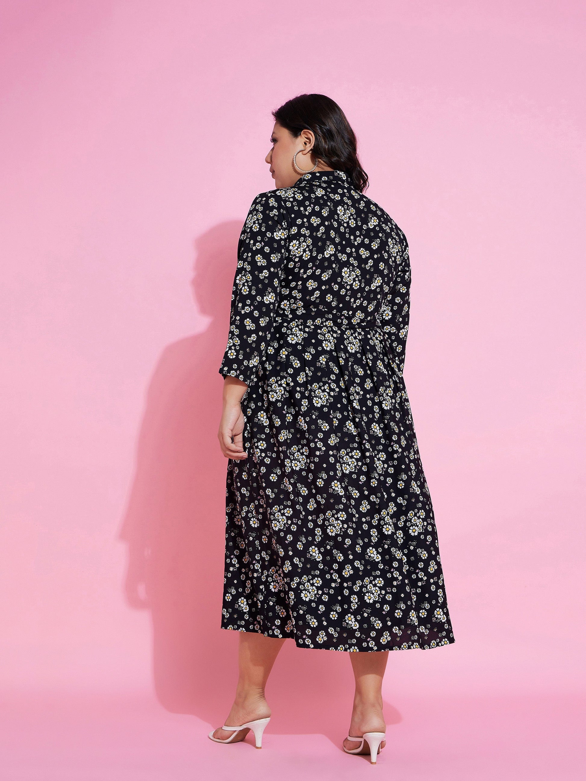 Black Floral Belted Midi Shirt Dress-SASSAFRAS Curve