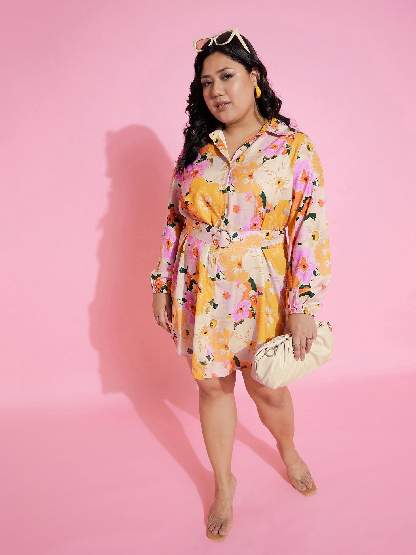 Orange Floral Belted Midi Shirt Dress