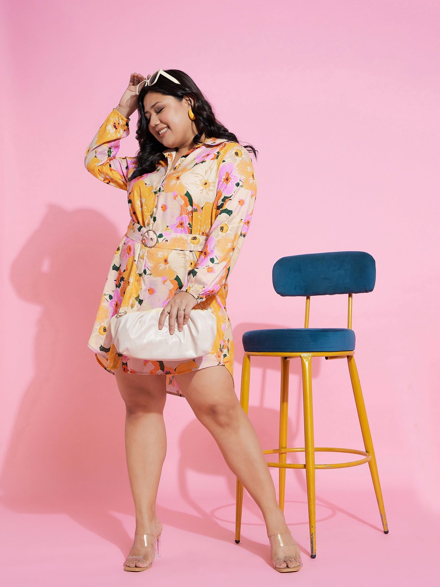 Orange Floral Belted Midi Shirt Dress