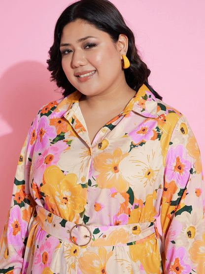 Orange Floral Belted Midi Shirt Dress