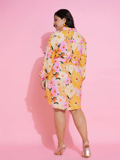 Orange Floral Belted Midi Shirt Dress