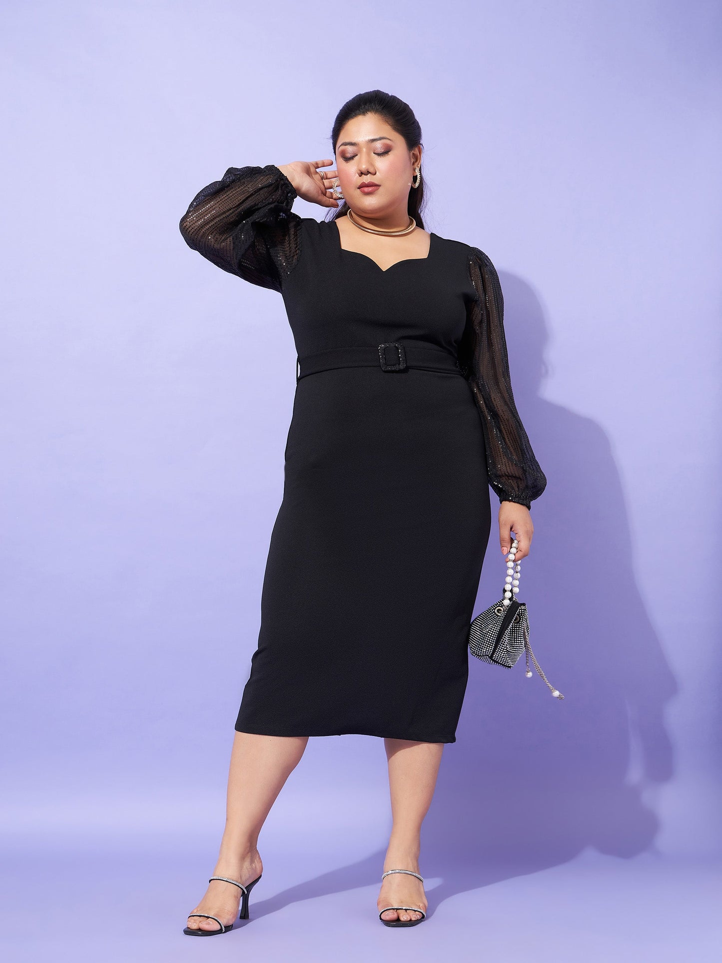 Black Sequence Sleeve Detail Bodycon Dress-SASSAFRAS Curve