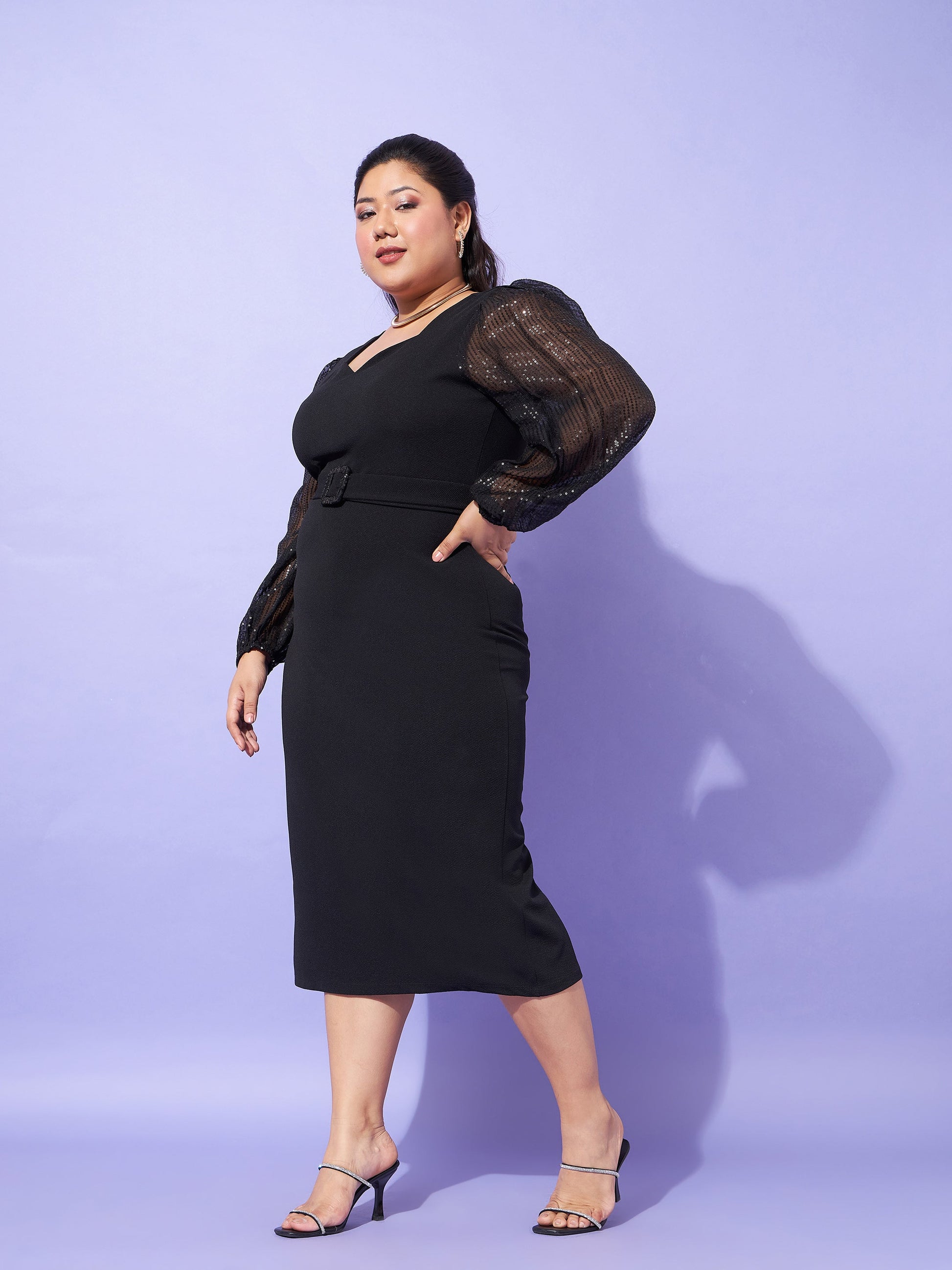 Black Sequence Sleeve Detail Bodycon Dress-SASSAFRAS Curve