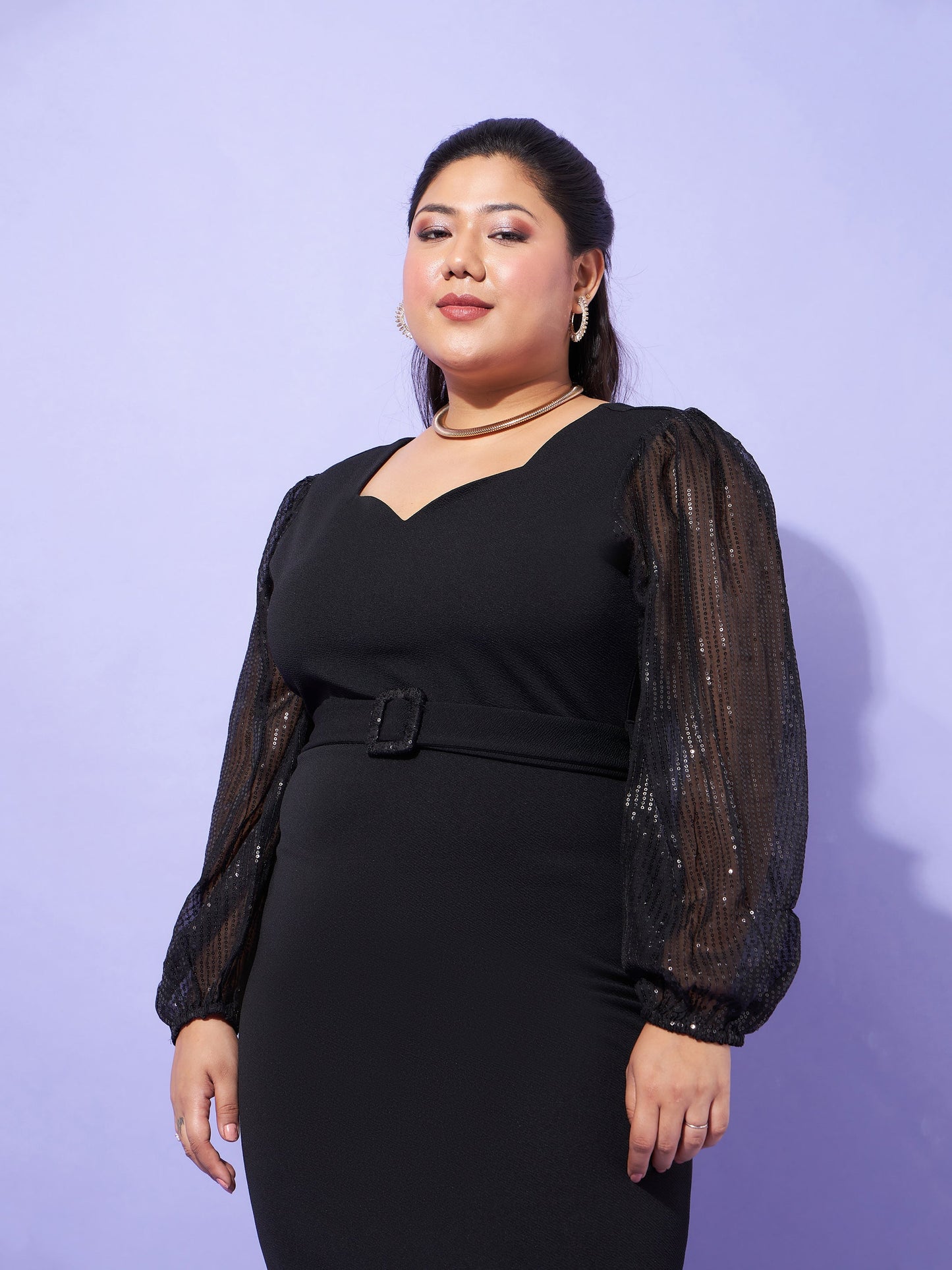 Black Sequence Sleeve Detail Bodycon Dress-SASSAFRAS Curve