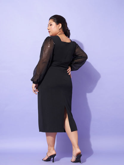 Black Sequence Sleeve Detail Bodycon Dress-SASSAFRAS Curve