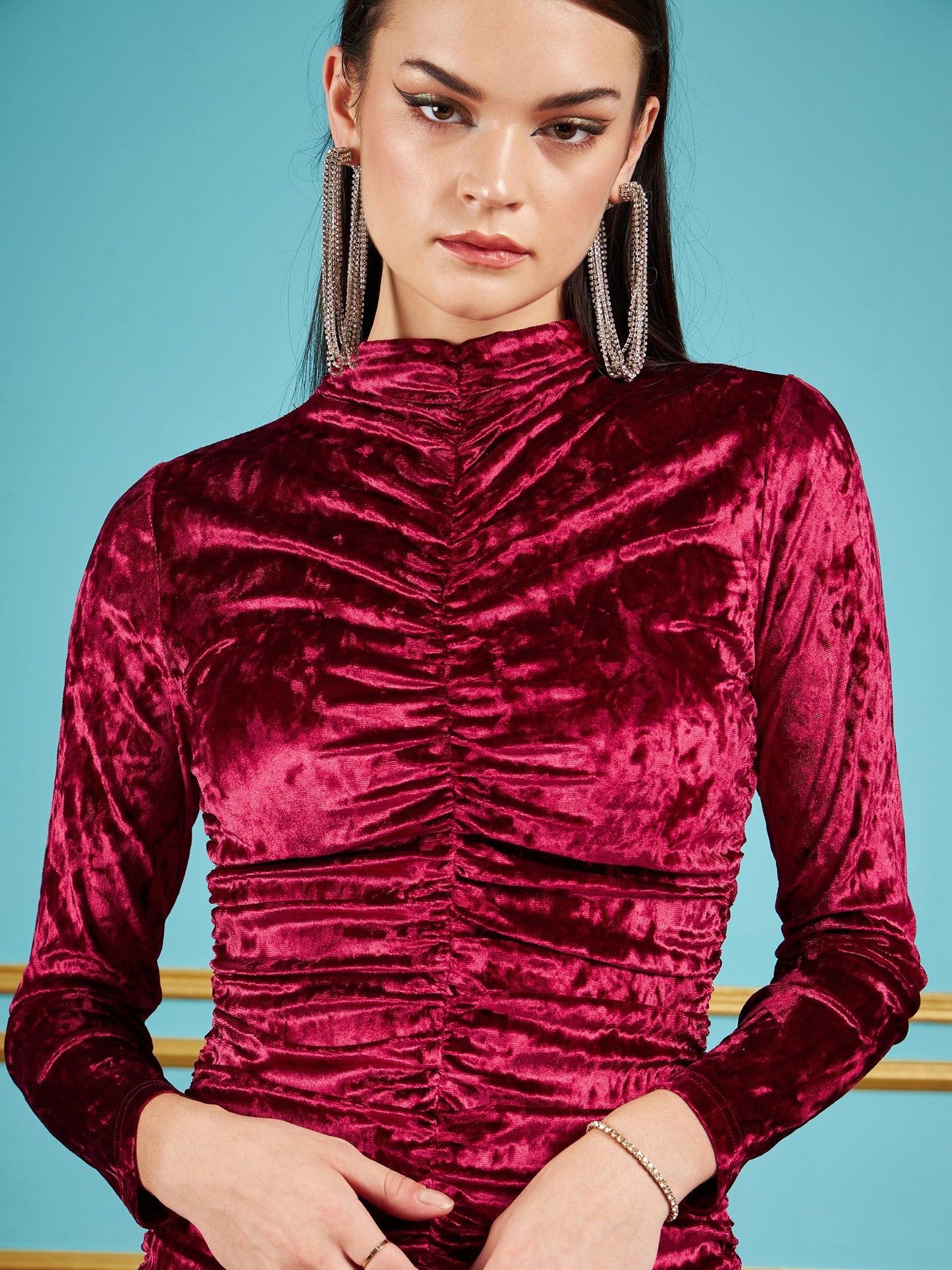 Red Velvet Ruched Short Bodycon Dress