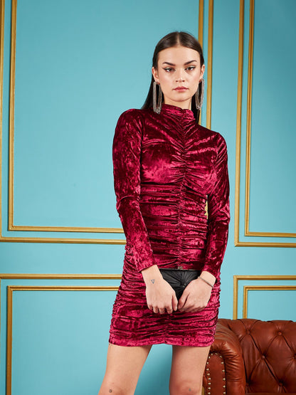 Red Velvet Ruched Short Bodycon Dress