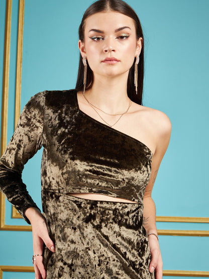 Olive Velvet Waist Cut-Out One Shoulder Midi Dress
