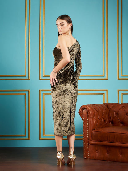 Olive Velvet Waist Cut-Out One Shoulder Midi Dress