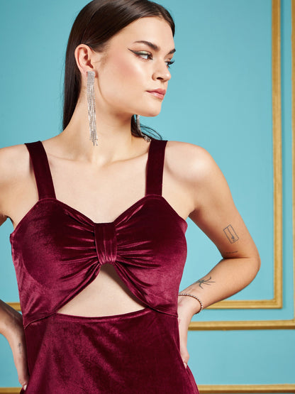 Maroon Velvet Waist Cut Out Bodycon Midi Dress