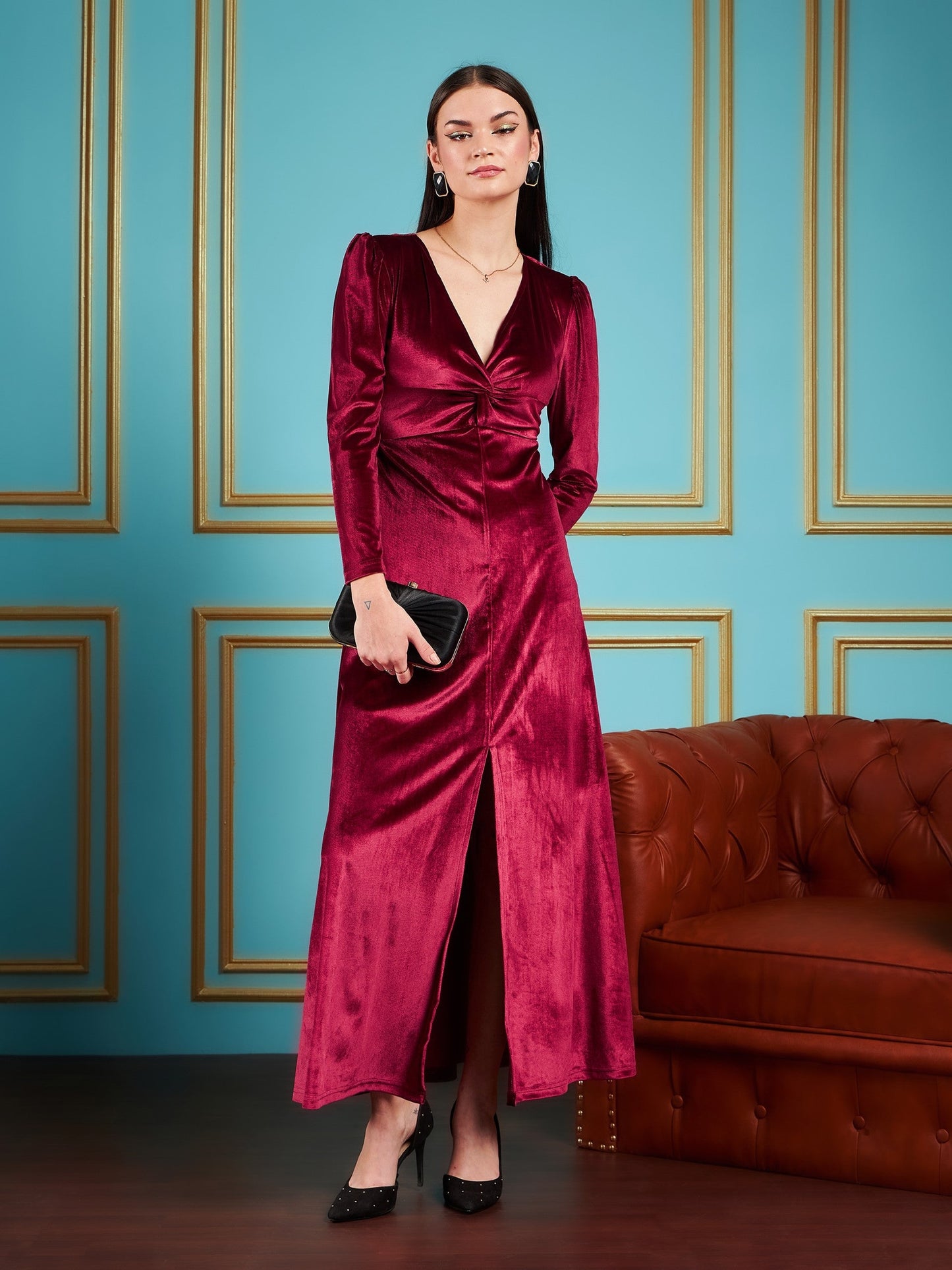 Maroon Velvet Front Twisted Maxi Dress