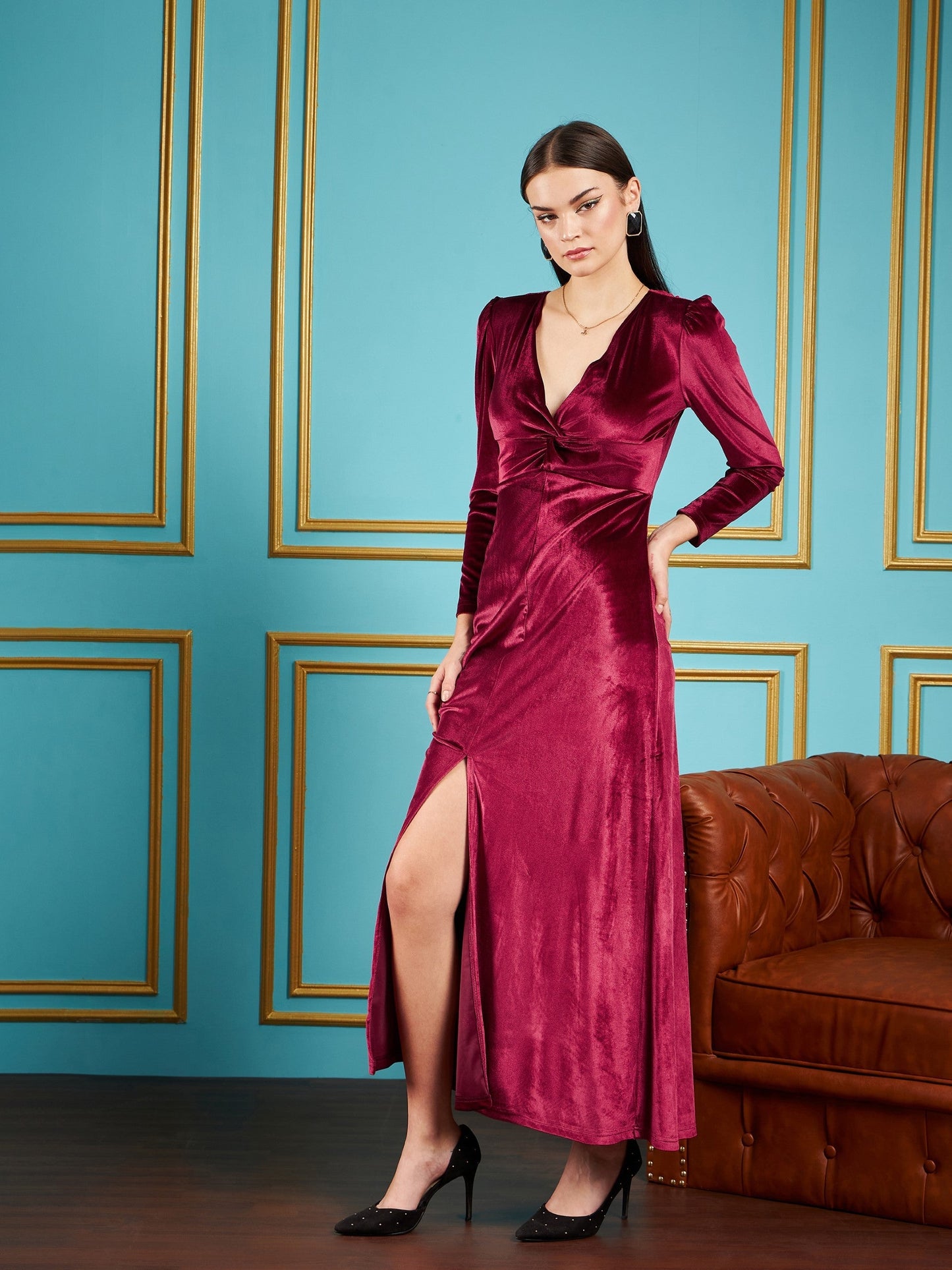 Maroon Velvet Front Twisted Maxi Dress