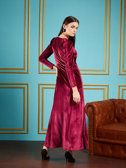 Maroon Velvet Front Twisted Maxi Dress