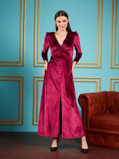 Maroon Velvet Front Twisted Maxi Dress