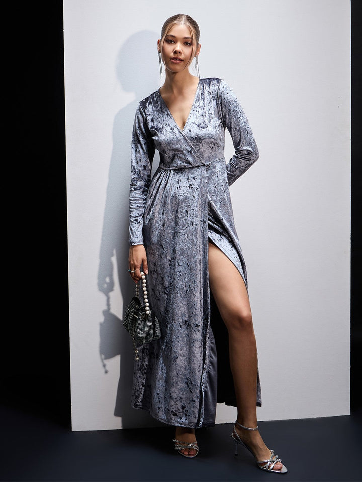 Women Grey Velvet Front Slit Maxi Dress