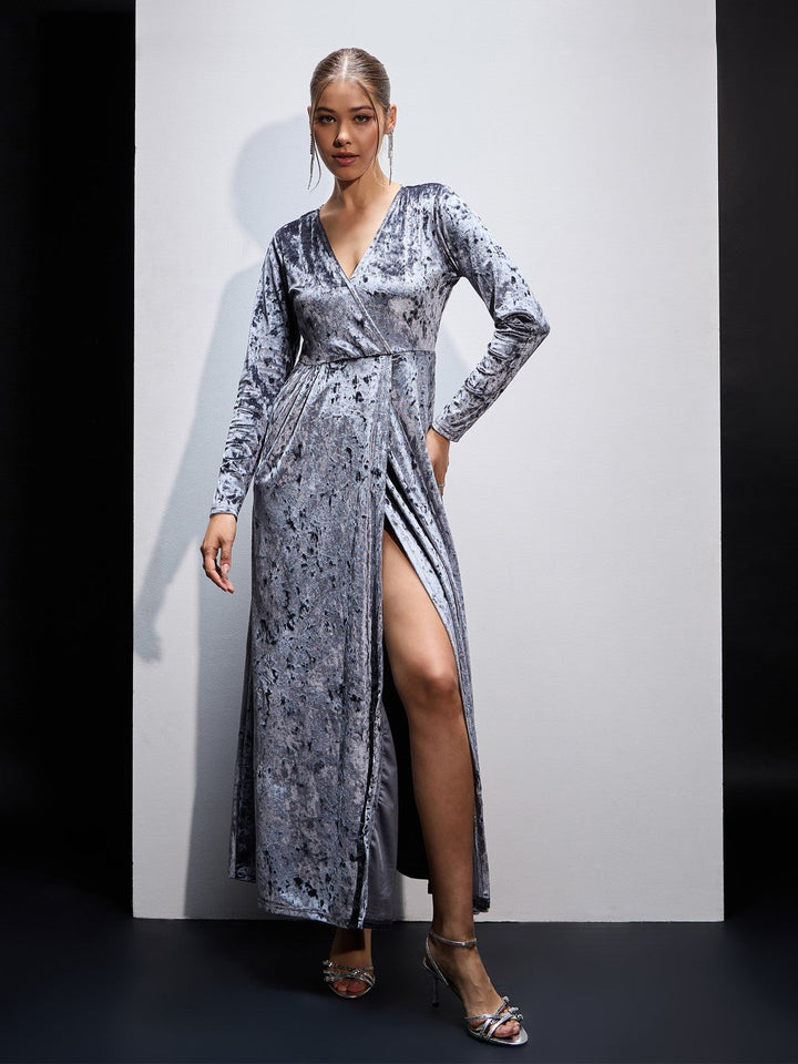 Women Grey Velvet Front Slit Maxi Dress