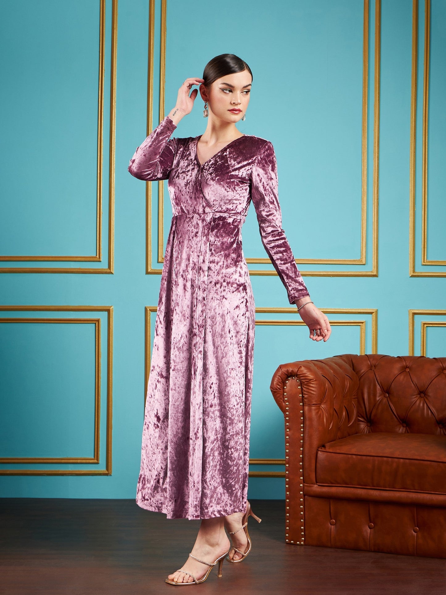 Onion Pink Velvet Front Slit Maxi Dress