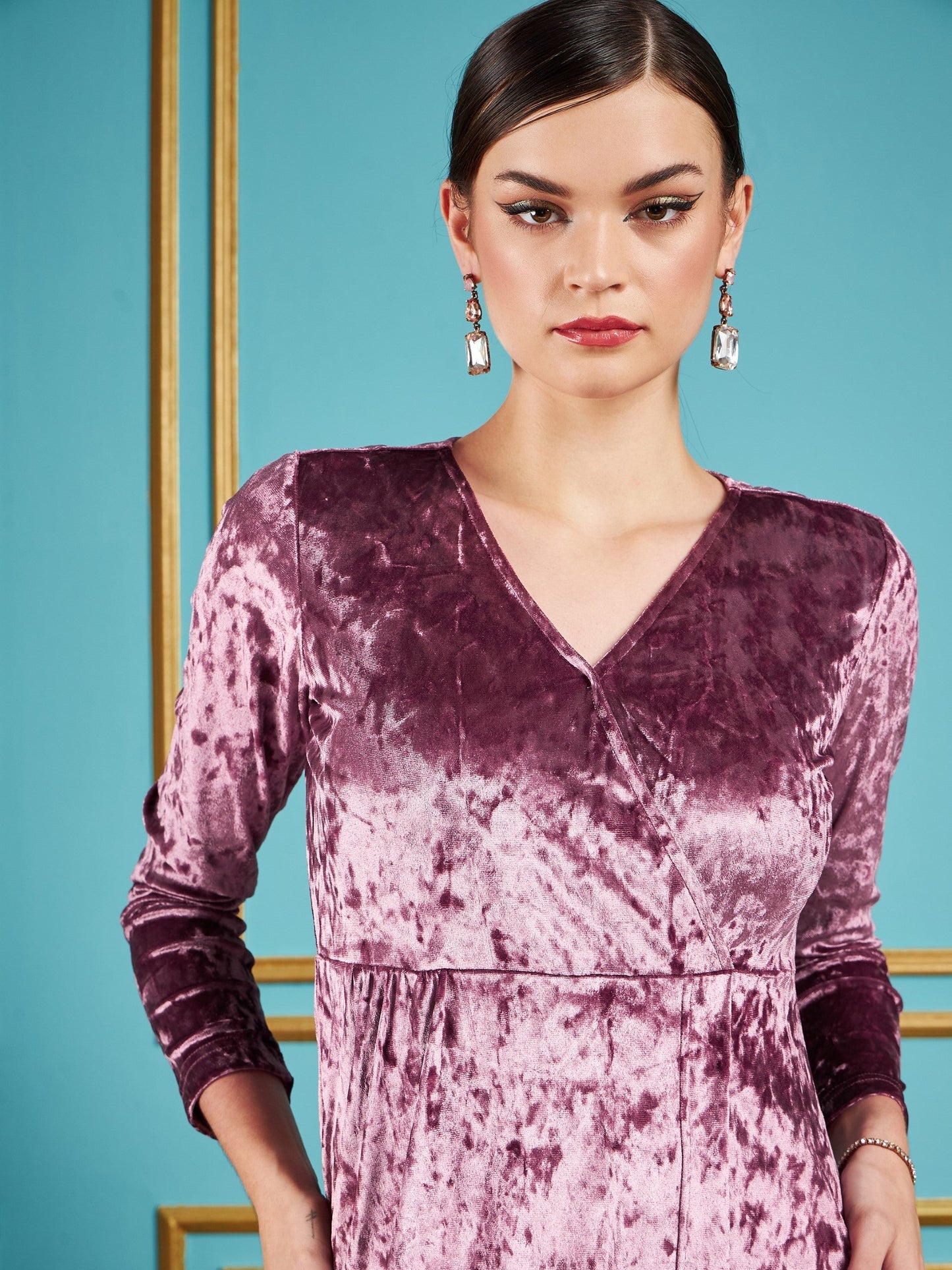 Onion Pink Velvet Front Slit Maxi Dress