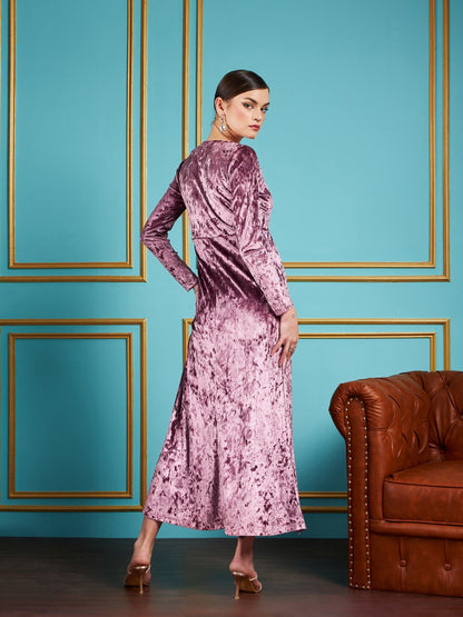 Onion Pink Velvet Front Slit Maxi Dress