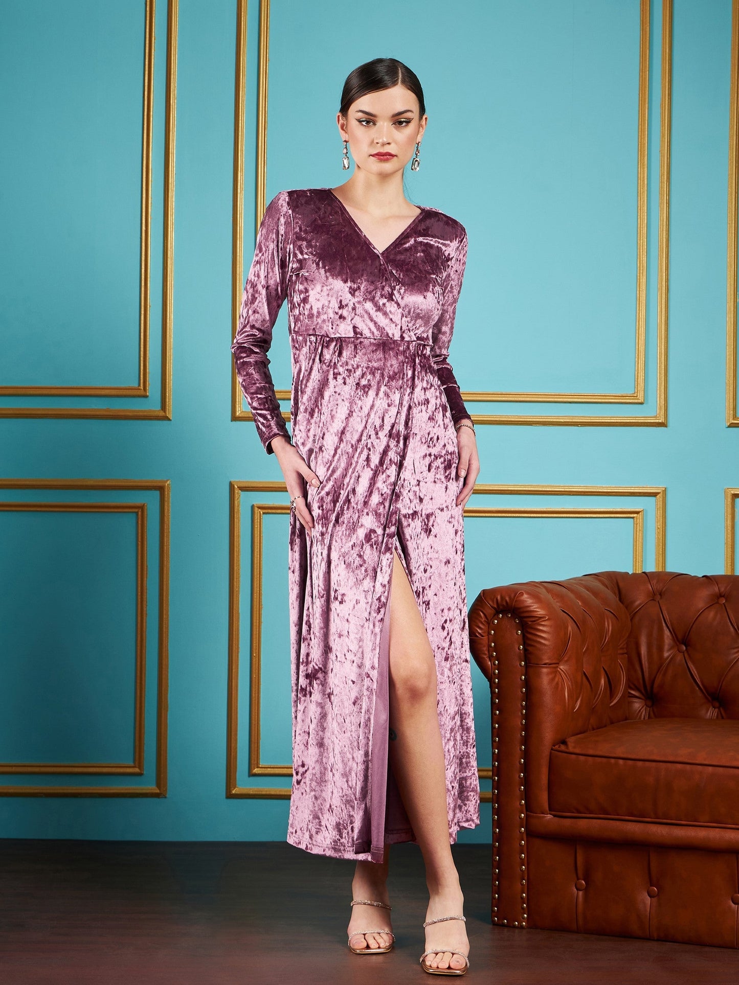 Onion Pink Velvet Front Slit Maxi Dress