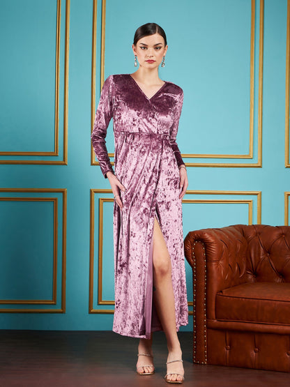 Onion Pink Velvet Front Slit Maxi Dress